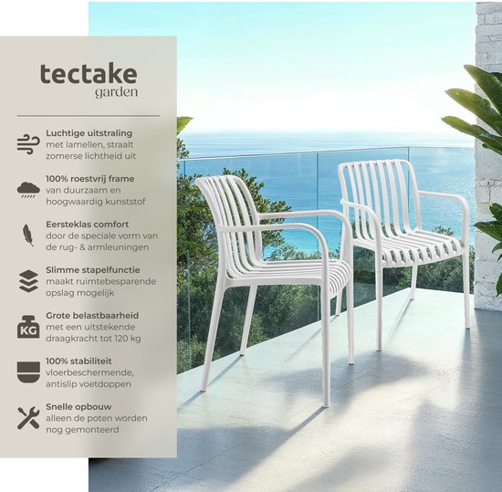 tectake® 4er-Set Gartenstühle Alcudia – Creme – Kunststoffstühle mit Armlehnen – Gartenset für den Gartentisch oder auf dem Campingplatz – stapelbar – Stühle für Garten, Terrasse oder Balkon - Wetter- und UV-beständig - Tragkraft 120 kg pro Gartenstuhl