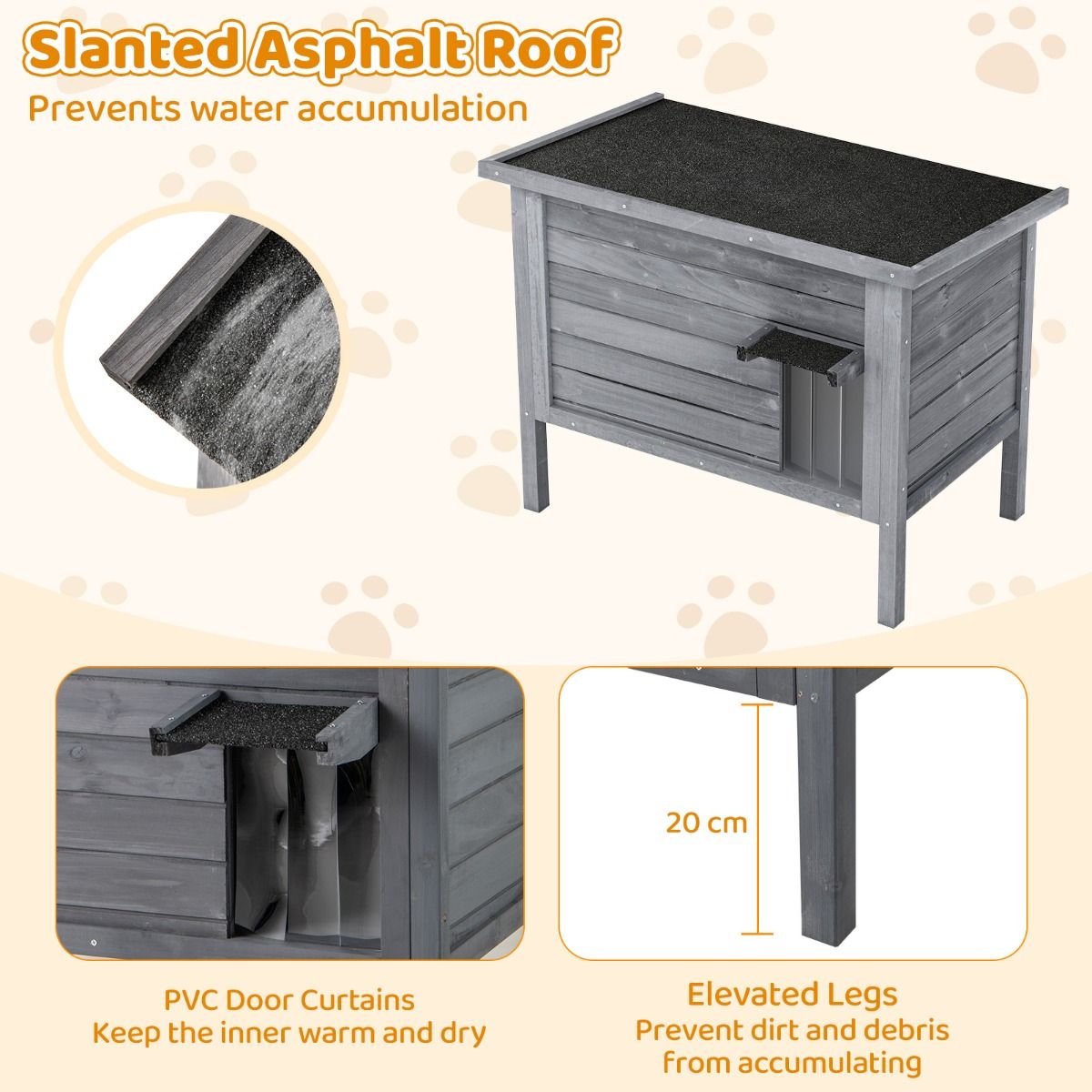 Coast Isoliertes Katzenhaus für den Außenbereich – Holzhäuschen mit aufklappbarem Dach – dunkelgrau 88 x 55 x 71 cm