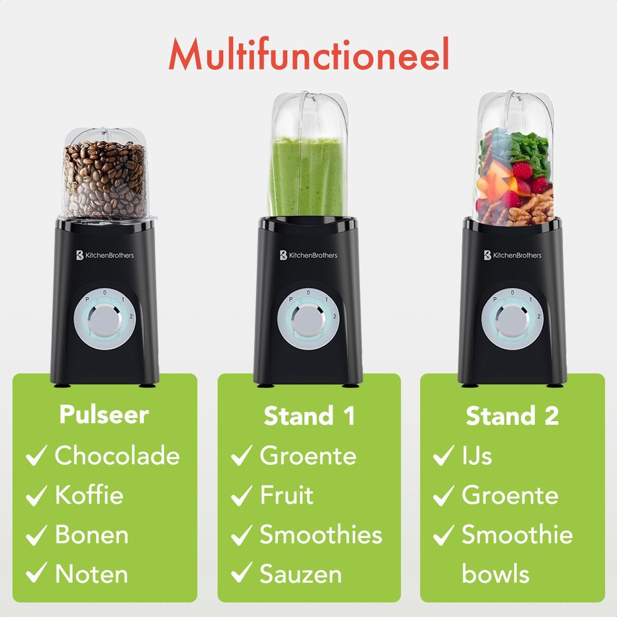 KitchenBrothers Smoothie Mixer - 2-in-1 - 4 Tassen - Smoothie Maker To Go - Mini Mixer - Schwarz