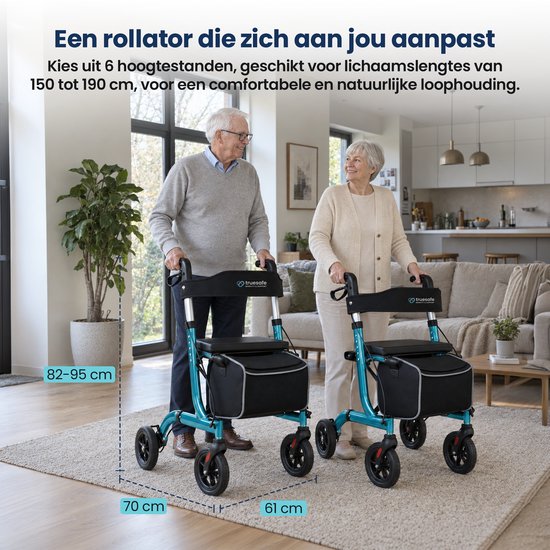 TrueSafe Rollator, leicht und zusammenklappbar (6,9 kg) – Für drinnen und draußen – Inkl. ergonomischem Sitzkissen, Beleuchtung, Rückenlehne, Gehstockhalterung und mehr – Blau
