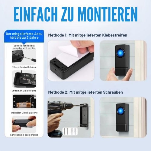 Strex - Funk-Türklingel - mit 2 Batterieempfängern - 300 Meter - 4 Lautstärken / 58 Melodien - IP55 Wasserdicht - Schwarz