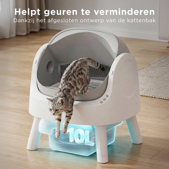 TrevoPet® Automatisches Katzenklo - Selbstreinigend & Sicher - Für Katzen bis zu 12KG - Inkl. Matte, 60 Abfallbeutel & Zubehör - 10L Abfallbehälter - Weiß & Grau