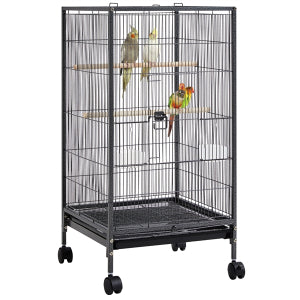 Yaheetech Vogelkäfig mit mobilem Unterbau - ausgestattet mit ausziehbarer Schublade und 4 Kunststoff-Futterstellen und 3 Holzstangen - für kleine Vögel und Sittiche - gehämmertes schwarzes Metall und Massivholz - 45,5 x 45,5 x 100,5 cm