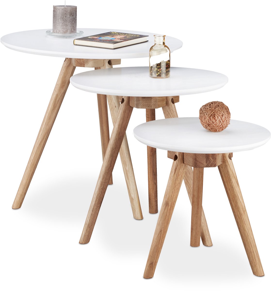 WOLTU Beistelltisch-Set, 3-teilig, Weiß/Walnuss – 50, 40 und 32 cm – rund – stapelbar