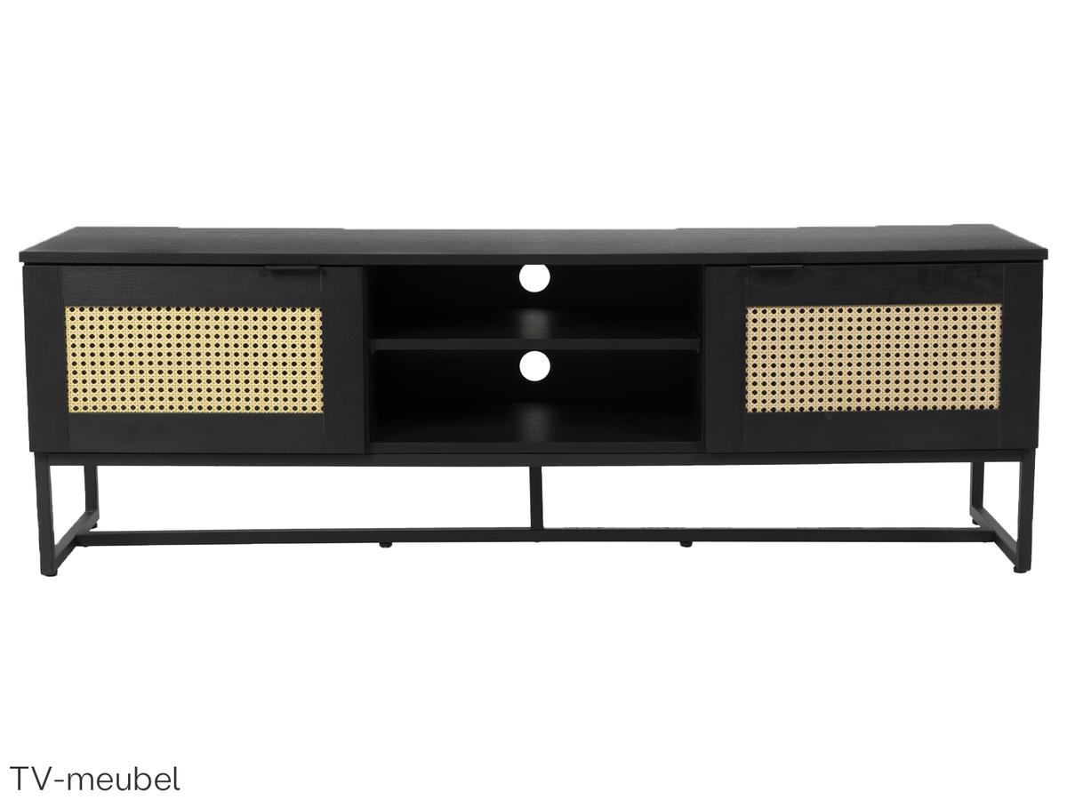 von fonQ TV-Möbel „Cube“ – 150 x 40 x 50 cm – Schwarzer Holzschrank mit Rattan-Geflecht-Details und Metallgestell – Bohemian-Stil