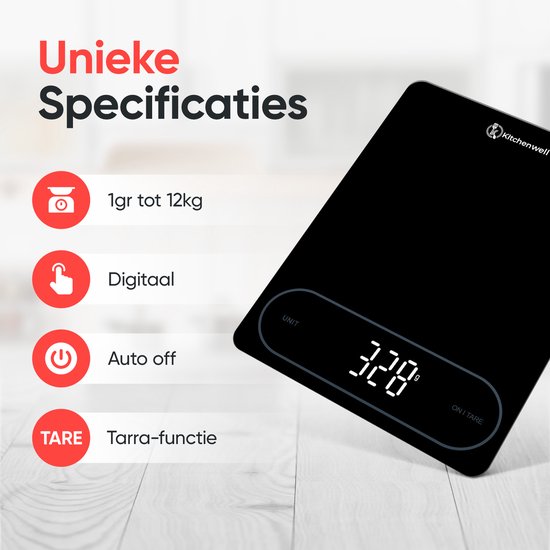Kitchenwell Digitale Präzisions-Küchenwaage – Küchenwaage – 1 g – 12 kg – Tara-Funktion – USB – Schwarz