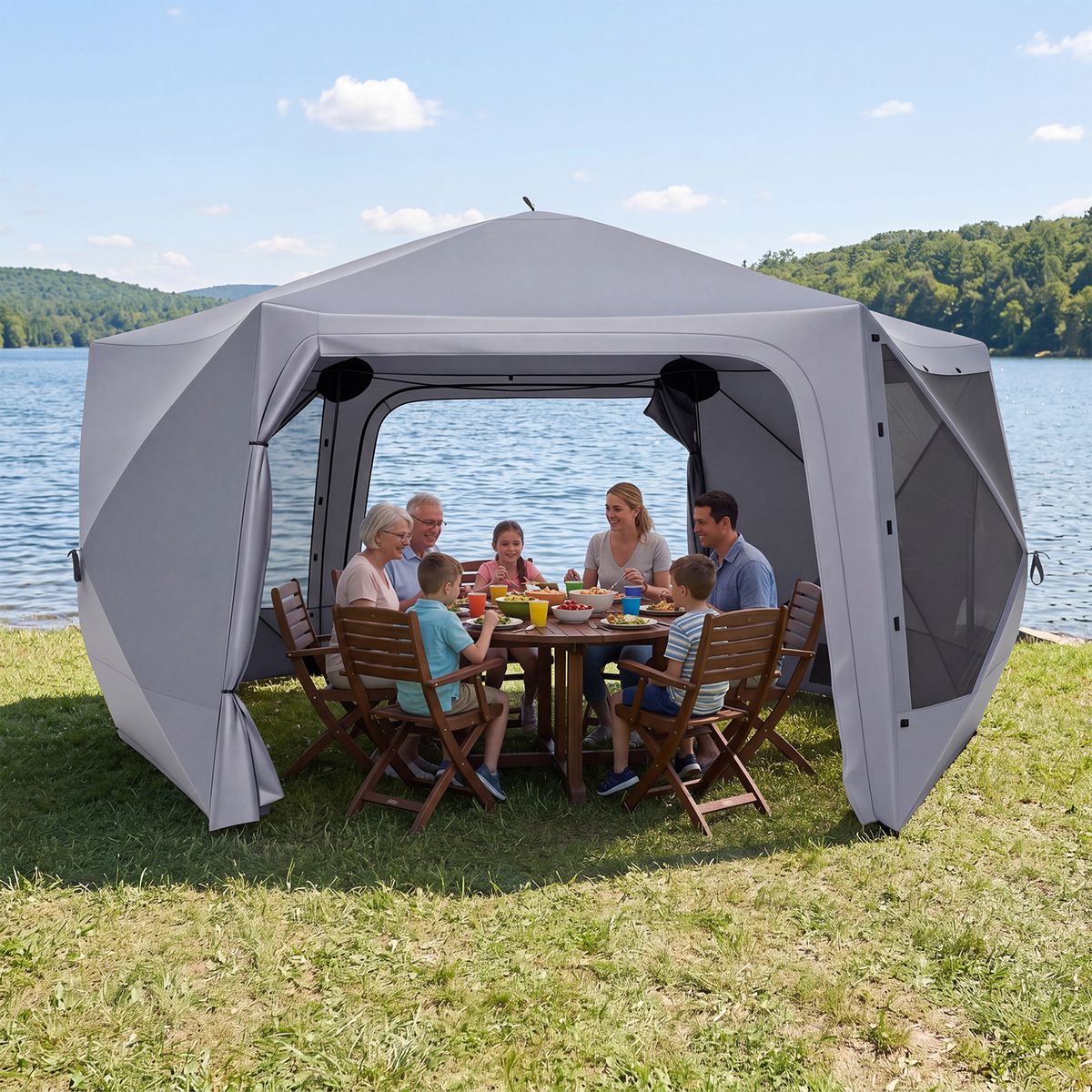 Coast Pop-up-Gartenpavillon – sechseckig – mit 6 Seitenwänden und Moskitonetzen – grau 427 x 427 cm
