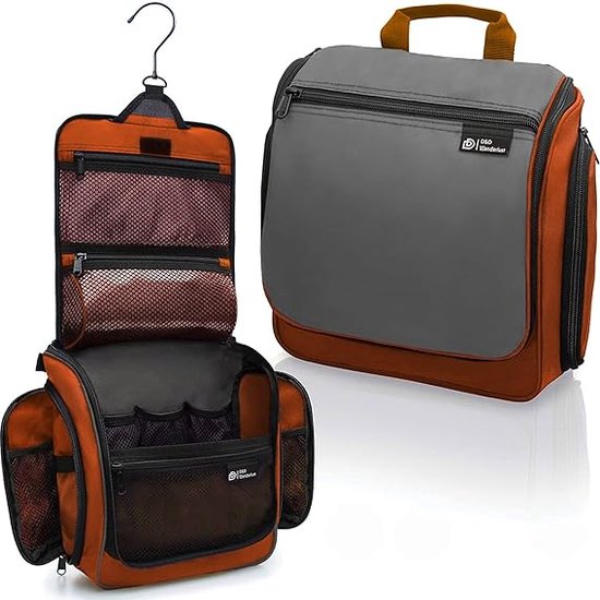 D&D Wanderlust Kulturbeutel mit Haken – Aufhängbarer, luxuriöser Reise-Organizer mit 10 Fächern – Orange – Unisex für Damen und Herren – 6 Liter Fassungsvermögen – Großer, hängender Reise-Kulturbeutel – Kosmetiktasche
