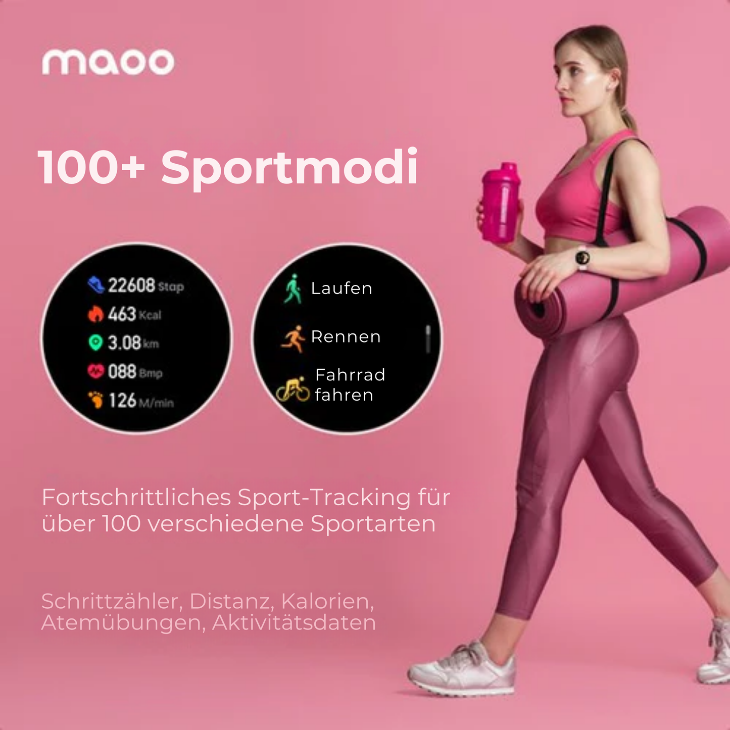 Maoo Ventura AMOLED Smartwatch - Damen - Edelstahl und 3x Silikonband - Schrittzähler - Herzfrequenzmesser - Schlafüberwachung - Multisport - Für Android und iOS - Schwarz