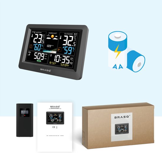 BRASQ Kabellose Wetterstation für Innen und Außen mit CO2-Messer - Hygrometer - Mit Außensensor bis zu 60 Meter - Luftfeuchtigkeitsmesser - Thermometer - Barometer - inklusive Batterien