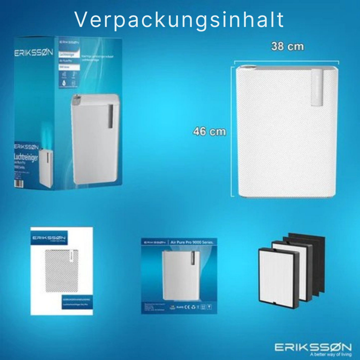 Erikssøn - 2-in-1 Luftreiniger - mit Luftbefeuchter - 330 m3/h - Hilft gegen Staub/Heuschnupfen & Allergien - Mit Hepa-Filter - Weiß