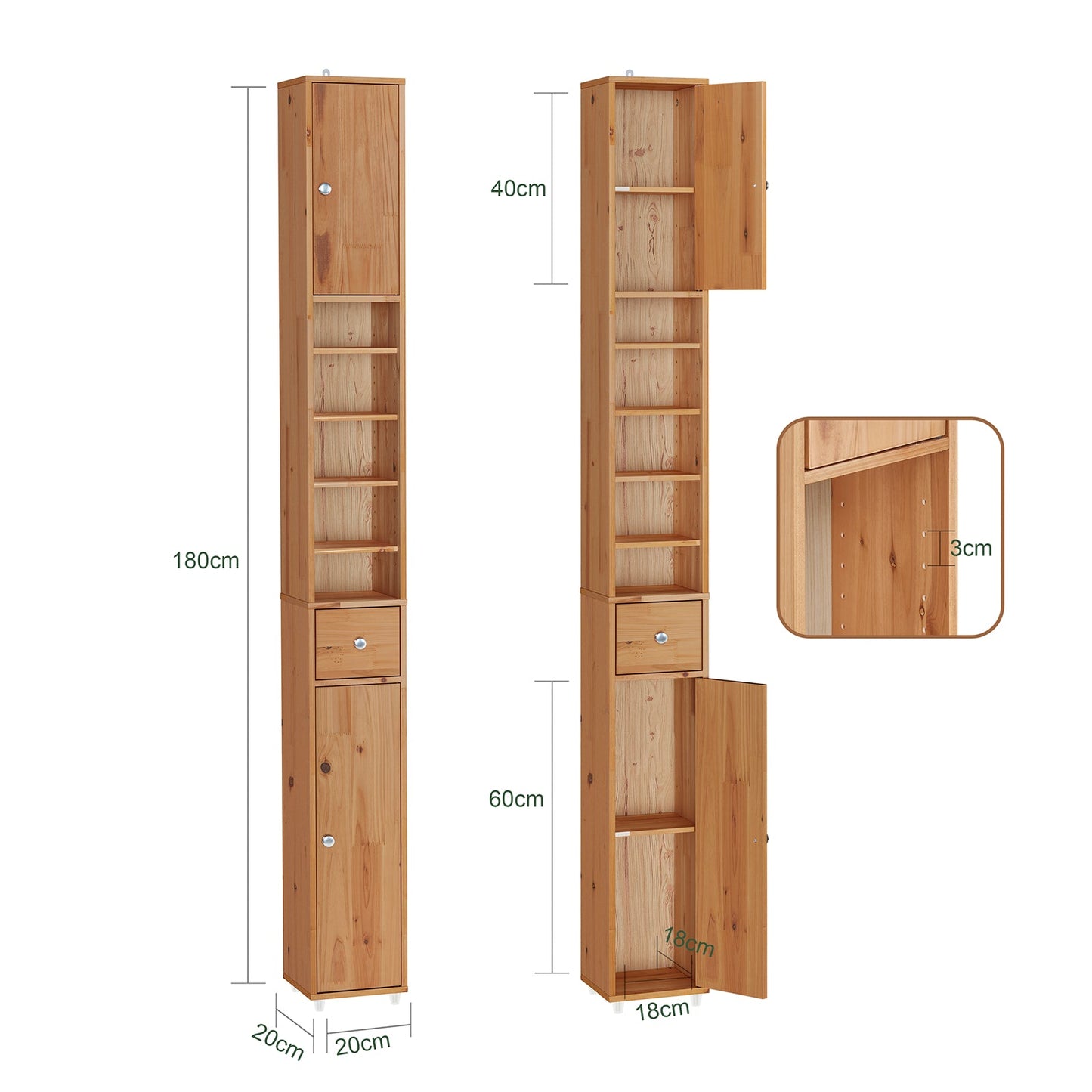 SoBuy Hoher Badezimmerschrank BZR34-II-SH 20 x 20 x 180 cm – Massives Zedernholz – Holzfarbe