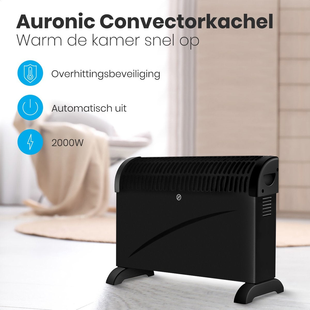 Auronic Elektrokonvektor - 750/1250/2000 Watt - Einstellbarer Thermostat - Schwarz