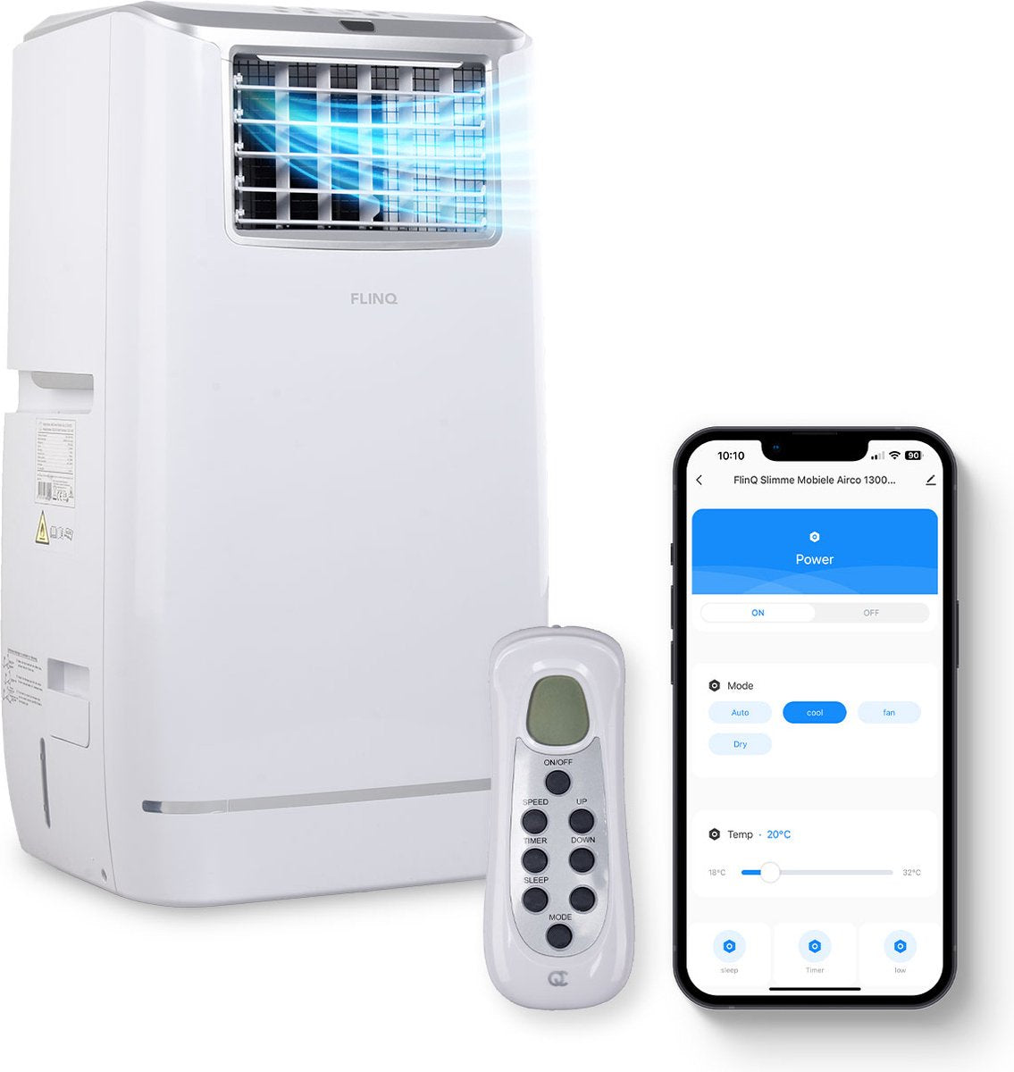 FlinQ Smart Mobile Air Conditioner - Mit Ablaufschlauch - 13.000 BTU - Silent Sleep Funktion - Kühlt bis zu 50m2 - Mit App und Fernbedienung - 41,5 x 41,8 x 79 cm - Weiß