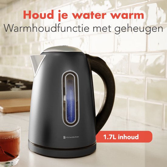 KitchenBrothers - Wasserkocher - Mit Temperaturregelung - Elektrisch - Mit Kalkfilter - 1,7L - Schwarz/RVS
