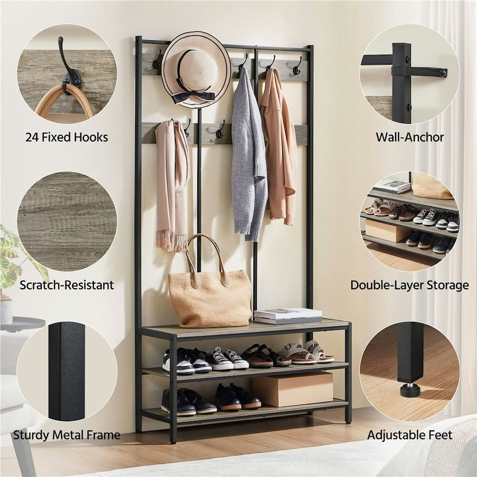 Yaheetech Industrieller Garderobenständer mit Schuhregal und Sitzbank 100 x 35 x 185 cm – Grau – Flurmöbel mit 24 Haken
