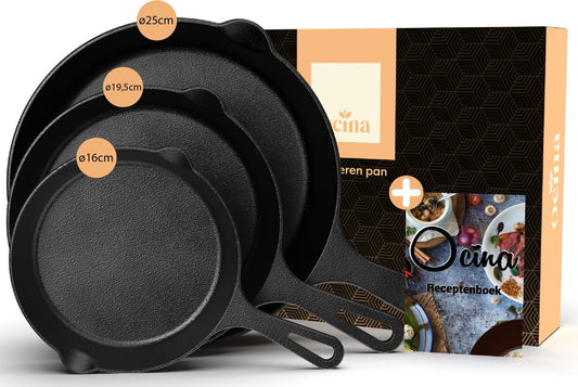 Ocina - Gusseisenpfanne - 3er Set - 25cm/19.5cm /16cm - Induktionspfannen - Schwarz