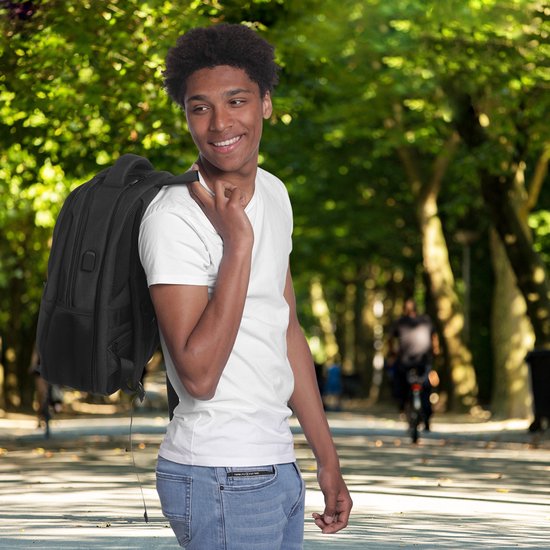 TRVLMORE Rucksack mit Lifetime - Rucksack mit 17 Zoll Laptopfach - Schultasche - Spritzwassergeschützt - Männer und Frauen - Jungen und Mädchen - 36L - Schwarz
