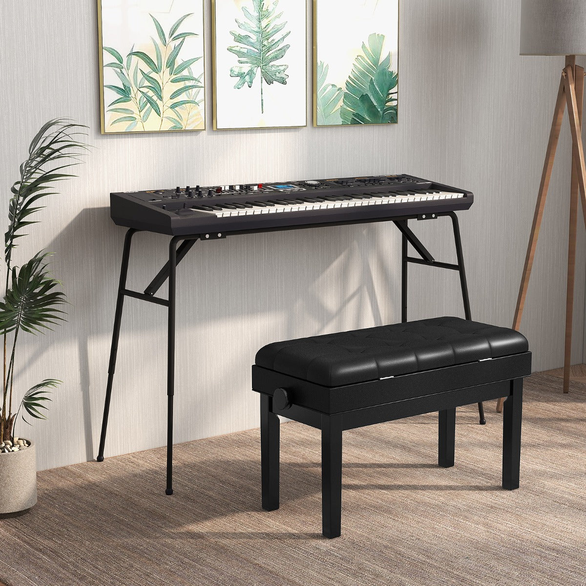 Verstellbare Duett-Klavierbank mit Ablage und wasserdichtem gepolstertem Kissen - 6 x 36 x 48-58 cm - Schwarz