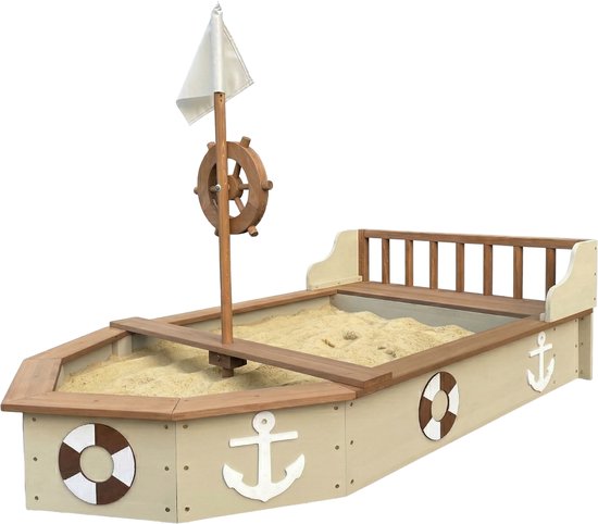 AXI Doris Boot-Sandkasten mit Aufbewahrungsbank, beige – mit Flagge und Holzsteuerrad – inklusive Abdeckplane und Bodenplane – 10 Jahre Garantie!