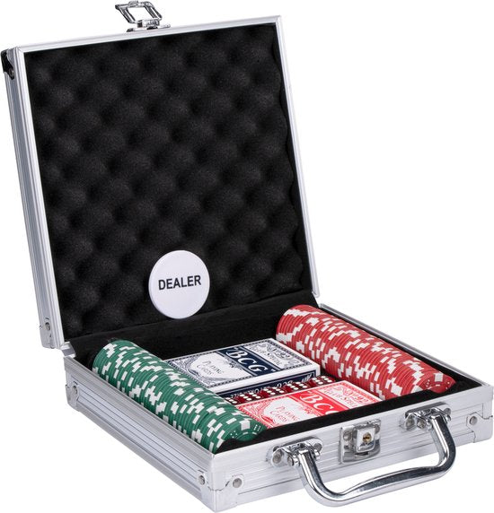 Pokerset im Aluminiumkoffer - 100 Pokerchips - Spielkarten - 5 Würfel - Dealer-Chip