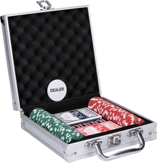 Pokerset im Aluminiumkoffer - 100 Pokerchips - Spielkarten - 5 Würfel - Dealer-Chip