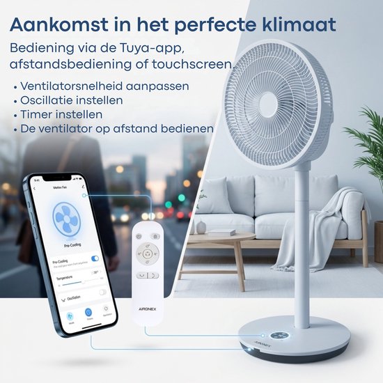 Aironex Ventilator – Leiser Standventilator mit 26 Geschwindigkeitsstufen – Steuerung per App – Geringer Stromverbrauch – Weiß – Mit Aromafunktion und WLAN – Timer und Nachtmodus – Höhenverstellbar – Horizontale + vertikale Schwenkfunktion