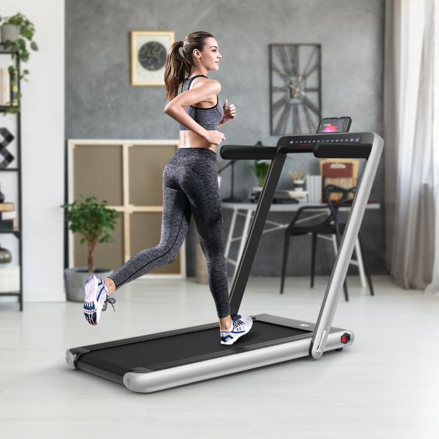 2-in-1 faltbares elektrisches Laufband - Silber - mit Bluetooth-Lautsprecher, doppelter LED-Anzeige und 40x100 cm Lauffläche