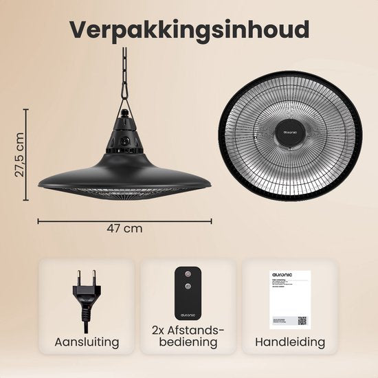 Auronic Terrassenstrahler - Infrarotheizung - hängend - 10m2 - elektrisch - 1500W - Fernbedienung - Schwarz
