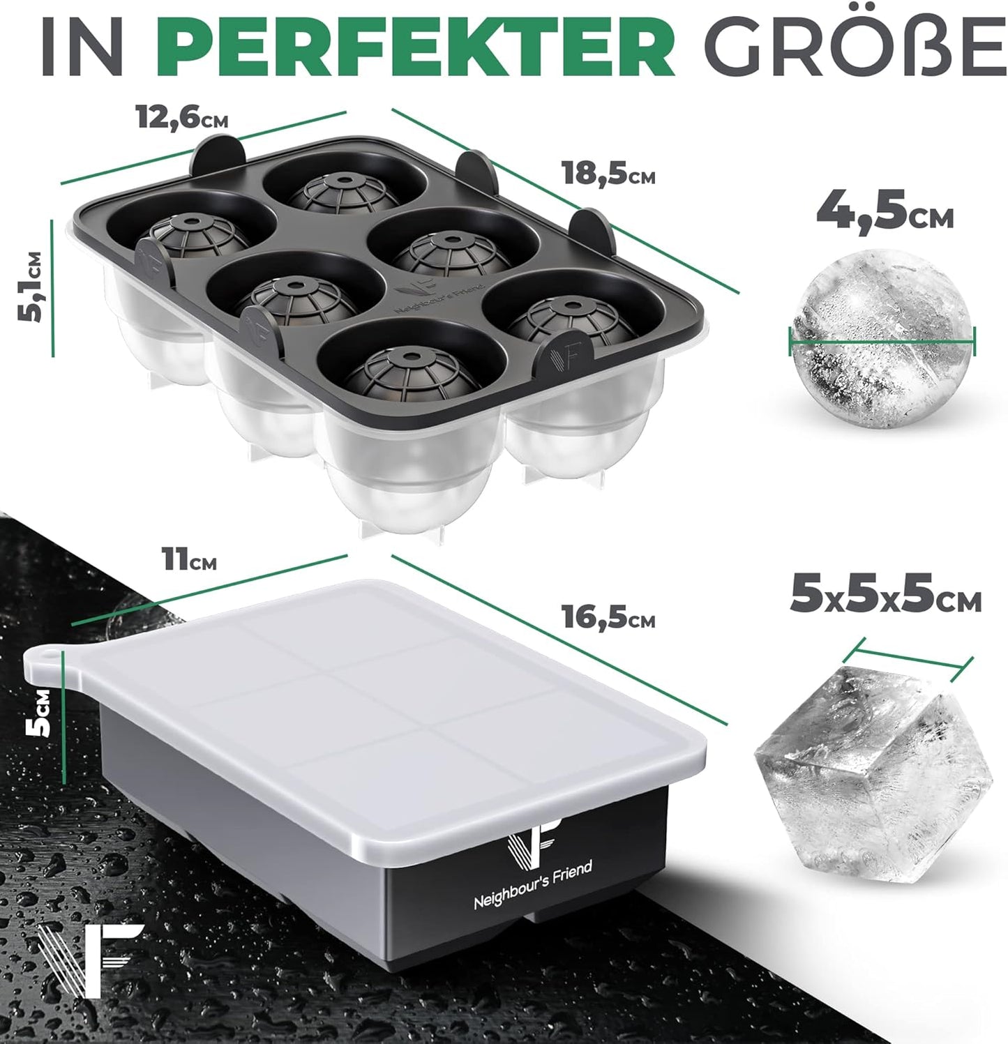 Neighbour's Friend Patentierte Eiskugelform mit XXL Eiswürfelform - Große Eiswürfelform rund Platinsilikon für Cocktails, Whisky & Longdrinks - 6x Eiswürfel & 6x Eiskugeln spülmaschinengeeignet