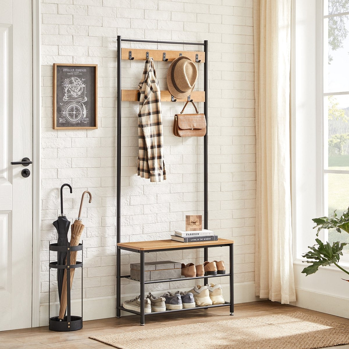 O'DADDYÂ¬Ã† Garderobenständer hochkant - Garderobe mit Schuhablage - 9 Haken 2 Lagen Schuhablage 6 Paar - Garderobe - 70 x 32 x 175 cm - Farbe Mango Holz