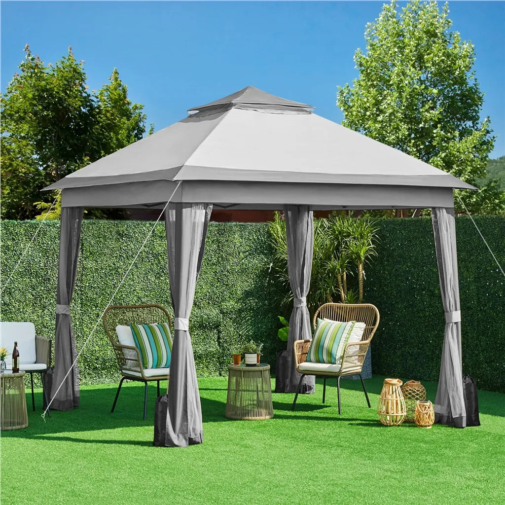 Yaheetech Pop-up-Partyzelt 330 x 330 cm – Hellgrau/Dunkelgrau – Zusammenklappbarer Gartenpavillon mit doppeltem Dach und 4 Seitenwänden aus Netzgewebe
