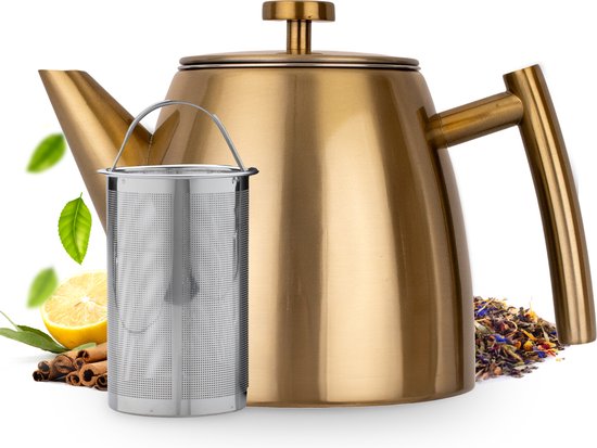 Vaja® Teekanne Juliette Gold - Doppelwandig - 1 Liter - Edelstahl-Teekanne mit Filter & Heißhalterung