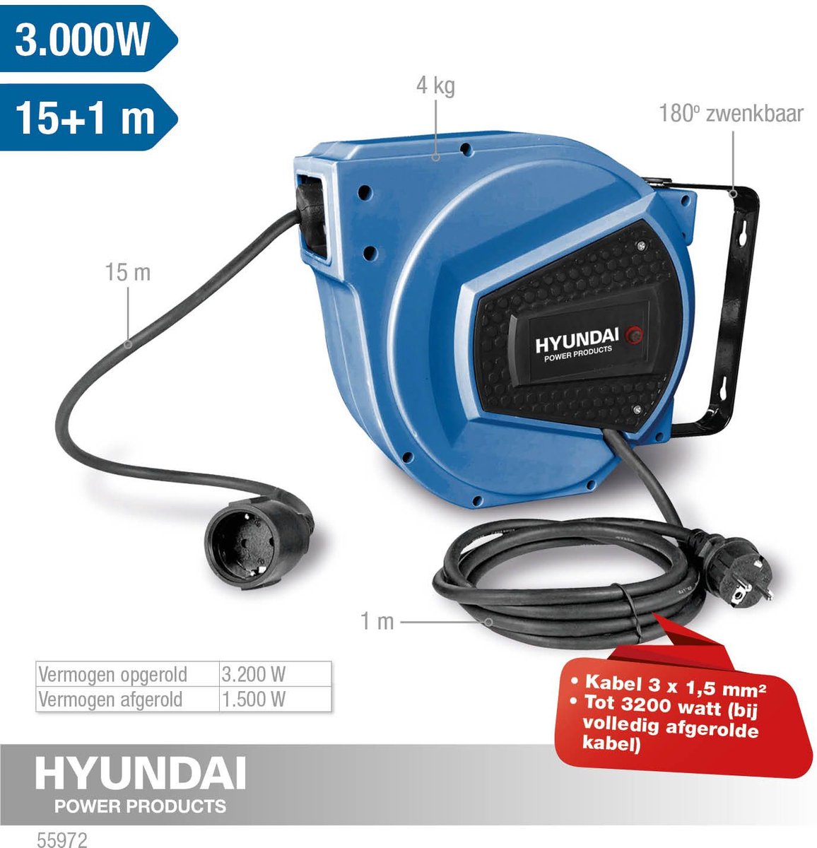 Hyundai Wandkabeltrommel 15 m 3x1,5 mm² automatisch einziehbar blau - schwenkbare Wandhalterung - 3200 W