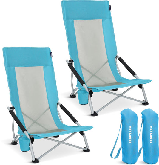 TRVLMORE Strandstühle 2er Set - klappbar - 130KG Tragkraft - mit Getränkehalter und Tragetasche - hohe Rückenlehne - Blau