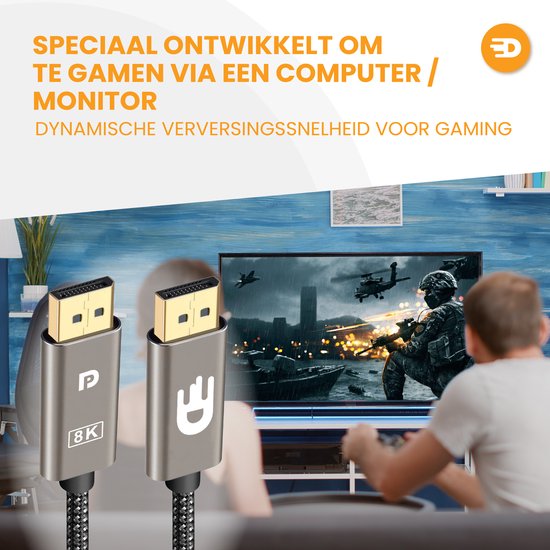 Drivv. Displayport-Kabel - 8K 60Hz - 4K 144 Hz - 32.4GBps - Displayport 1.4 - DP-Kabel - 1 Meter - Modern Grey