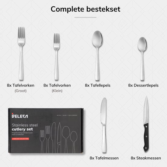 Deleca 8 Personen Besteck-Set (48 Teile) - Löffel, Messer, Gabeln & Steakmesser - spülmaschinenfest - Silber/Edelstahl