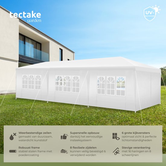 tectake® Pavillon Miramas - Partyzelt 9x3 m - Weiß - 8 abnehmbare Seitenteile - UV- und wasserbeständiger Gartenpavillon - Inklusive Spannleinen und Heringe - Vordach