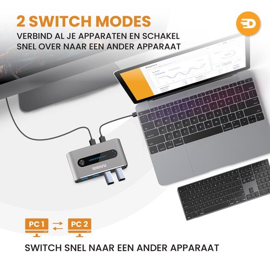 Drivv. Premium USB 3.0 Umschalter - 4 USB Ports - Grau - USB KVM Umschalter - 2 PCs gemeinsam nutzbar - Aluminium