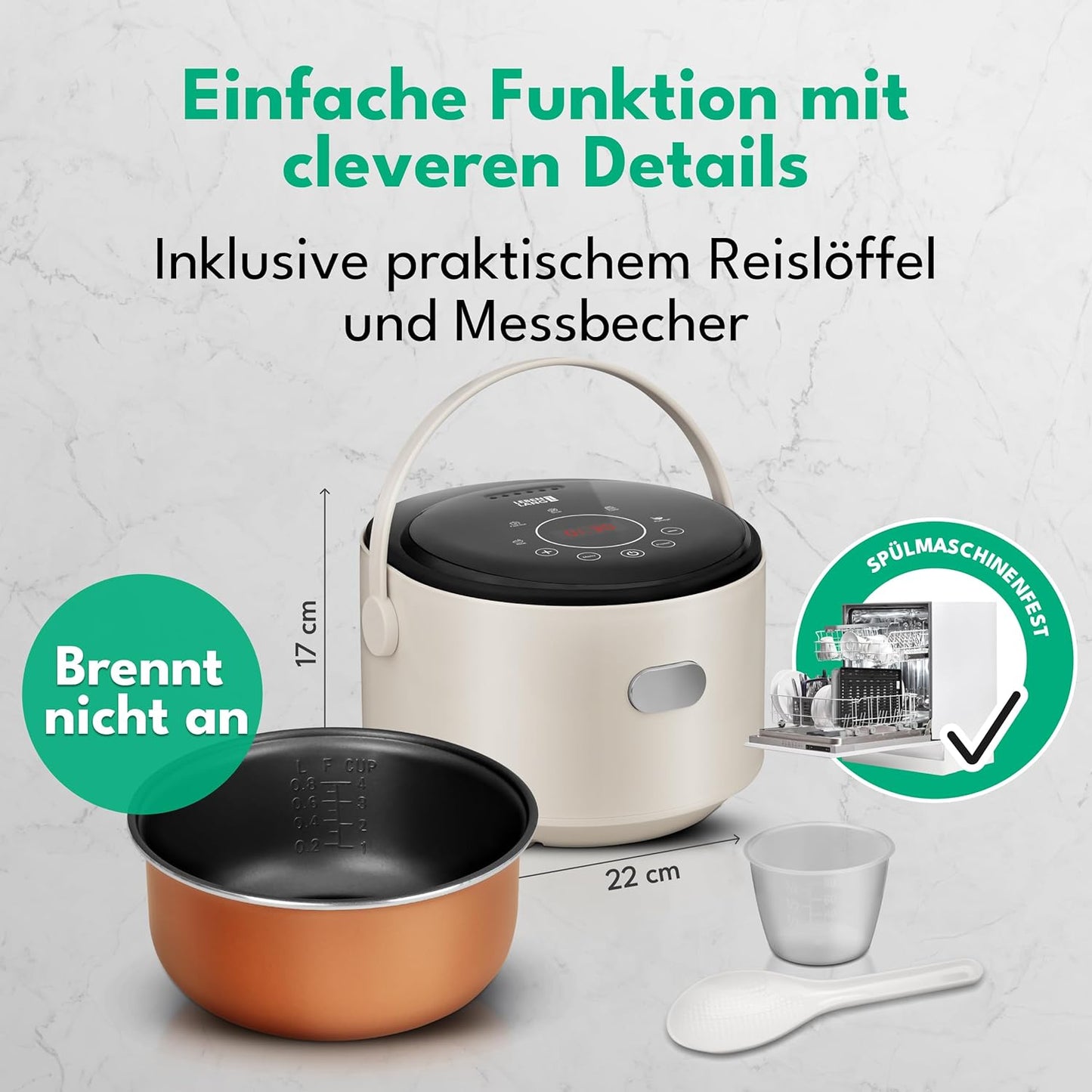 LEBENLANG Digitaler Reiskocher 0.8L Beige - Kompakter elektrischer Reiskocher mit Warmhaltefunktion, Timer & 5 Kochmodi - Für 2 bis 4 Personen - 30x26x22 cm