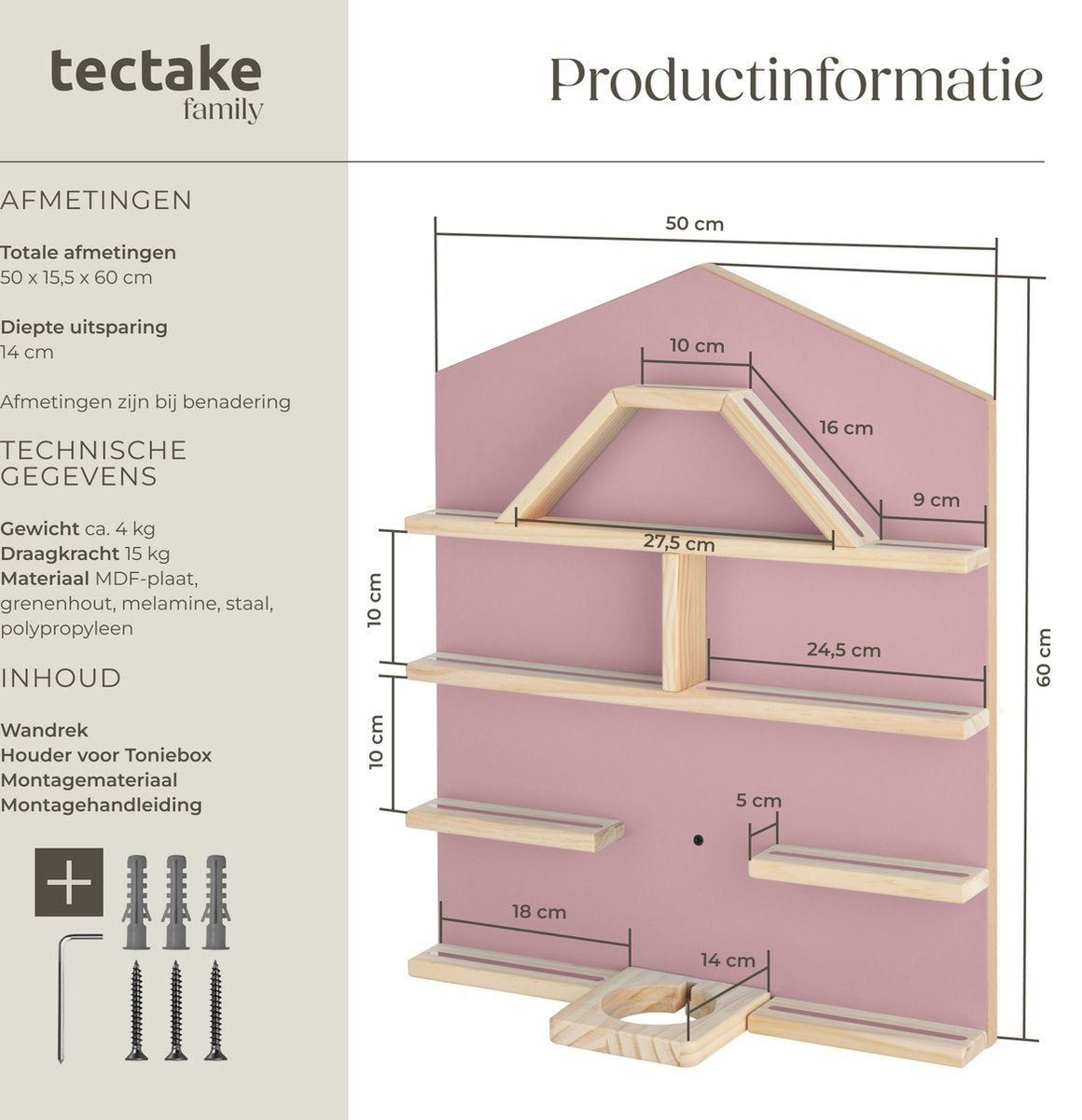 Tectake Mylittle Story Wandregal für Tonies - Hausform - Holz - Kirschbaumoptik