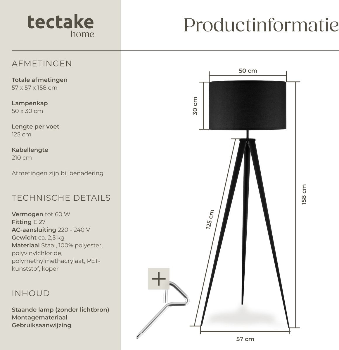 tectake® Stehleuchte - Stehleuchte 3-Fuß - 158 cm hoch - Schirm in Leinenoptik - Fußschalter - Schwarz