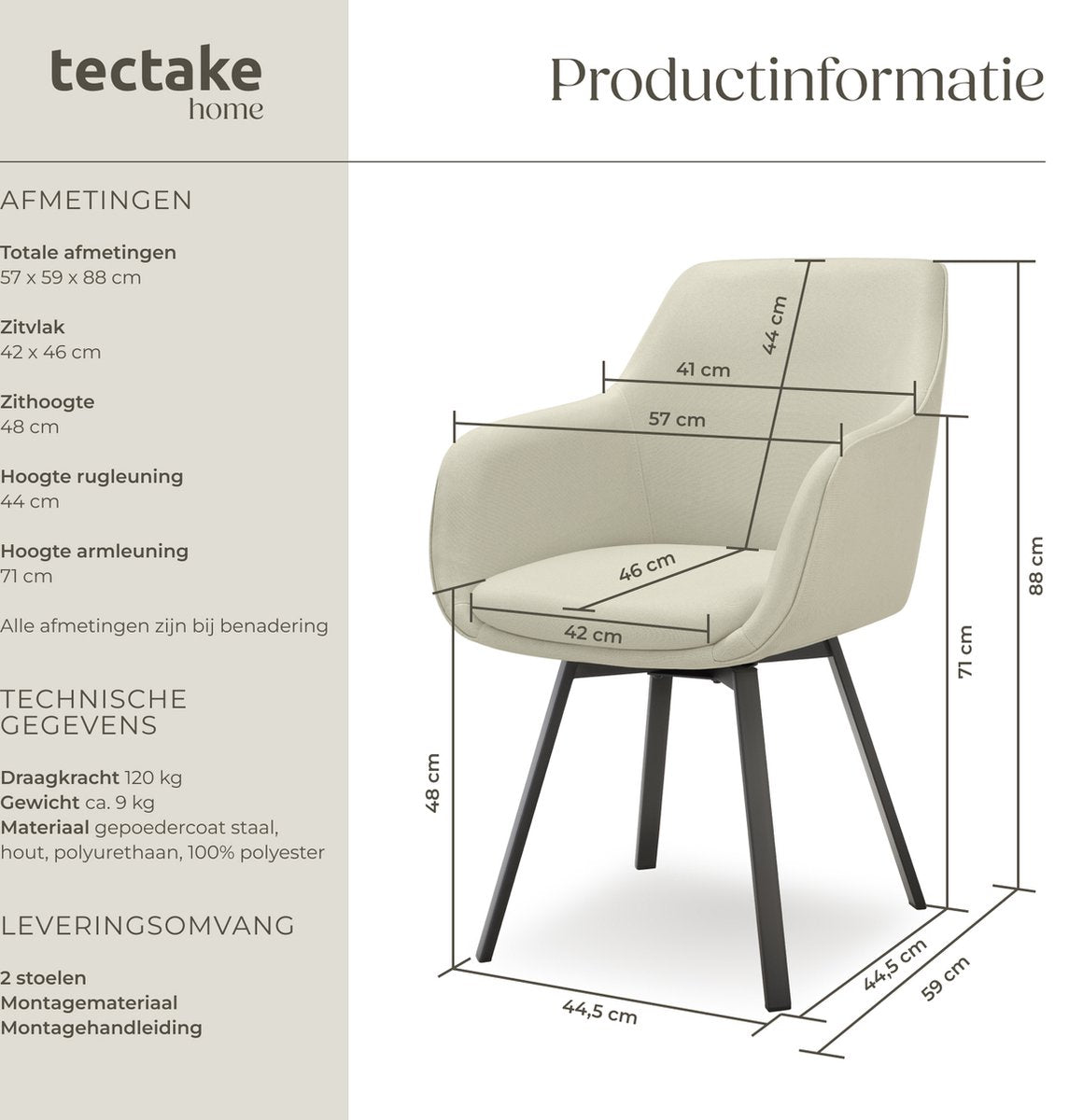 tectake® Esszimmer-Drehstuhl Alicon 57x59x88 cm - 2er-Set - Beige - Stilvolles und bequemes Design für Esszimmer, Wohnzimmer oder Büro