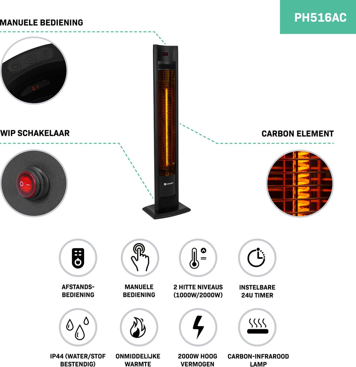 VONROC Terrassenstrahler Filicudi - Infrarot - 2000W - Hoher Wirkungsgrad - Kohleelement - 2 Heizarten - LCD-Bildschirm - Inkl.