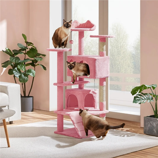 Yaheetech Katzenpfosten mit 3 Aussichtsplattformen - Ausgestattet mit 2 Katzenkörben und Sisalstangen und Spielball mit Glocke - Für Haushalte mit mehreren Katzen - Rosa Plüsch und E1 Spanplatte - 49 x 49 x 139 cm