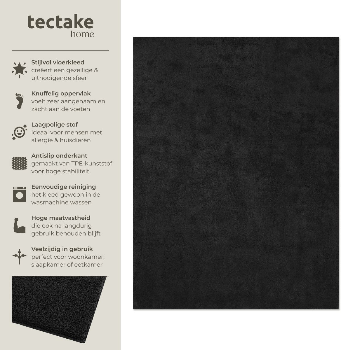 tectake Soft Zone Teppich - Kurzflor - Extra weich - Schwarz - 140 × 200 cm