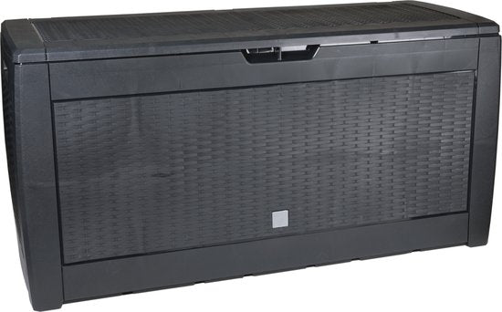 Aufbewahrungsbox 310 l, UV-beständig, wetterfest, mit Rollen, Gartenbox in Rattan-Optik, Anthrazit