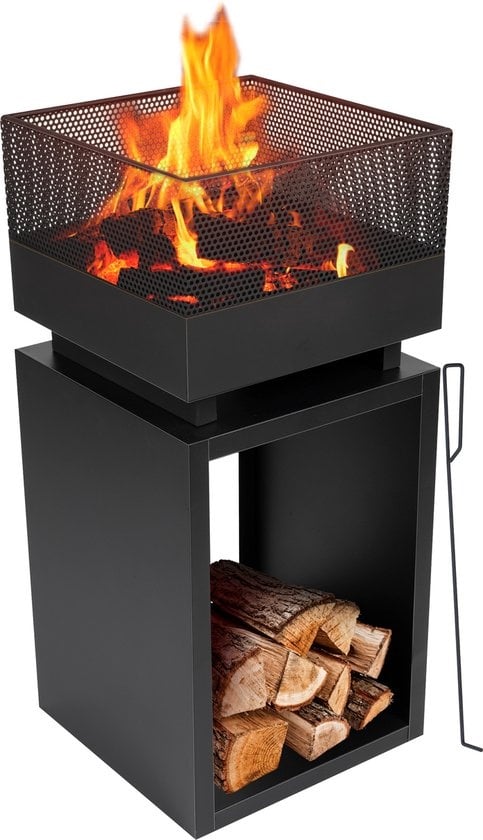 BBQ Collection - Feuerkorb mit Funkenschutz - Gartenkamin 39 x 39 x 85 cm - Outdoor-Kamin mit Pfahl und Brennholzlager - Holzofen für Garten und Terrasse - Outdoor-Ofen für Holz - Carbonstahl
