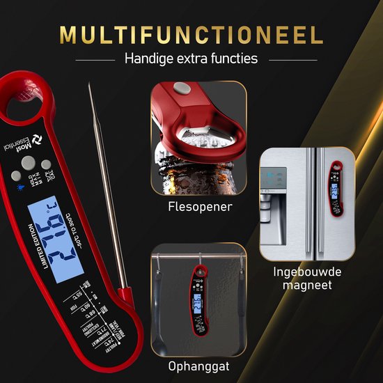 MostEssential Premium Fleischthermometer - BBQ Thermometer - Kernthermometer - Zuckerthermometer - Küchenthermometer - Digital - Kabellos - Wasserdicht - Rot