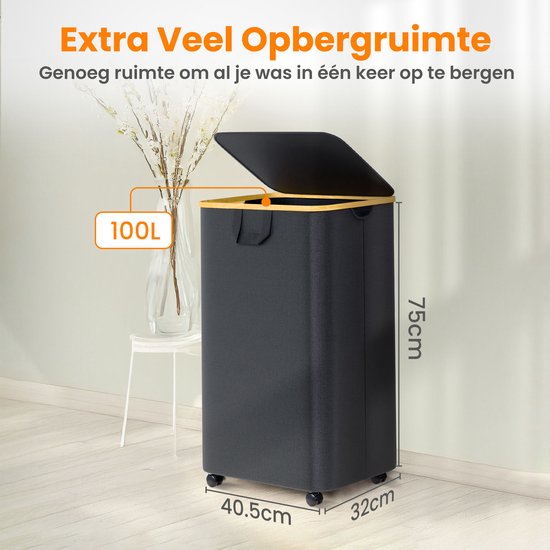 Posity Wäschekorb auf Rädern - 100 Liter - faltbar - Wäschekorb aus Stoff - Wäschekorb - mit Deckel & Griffen - Bambus - inkl. Wäschesack - Schwarz